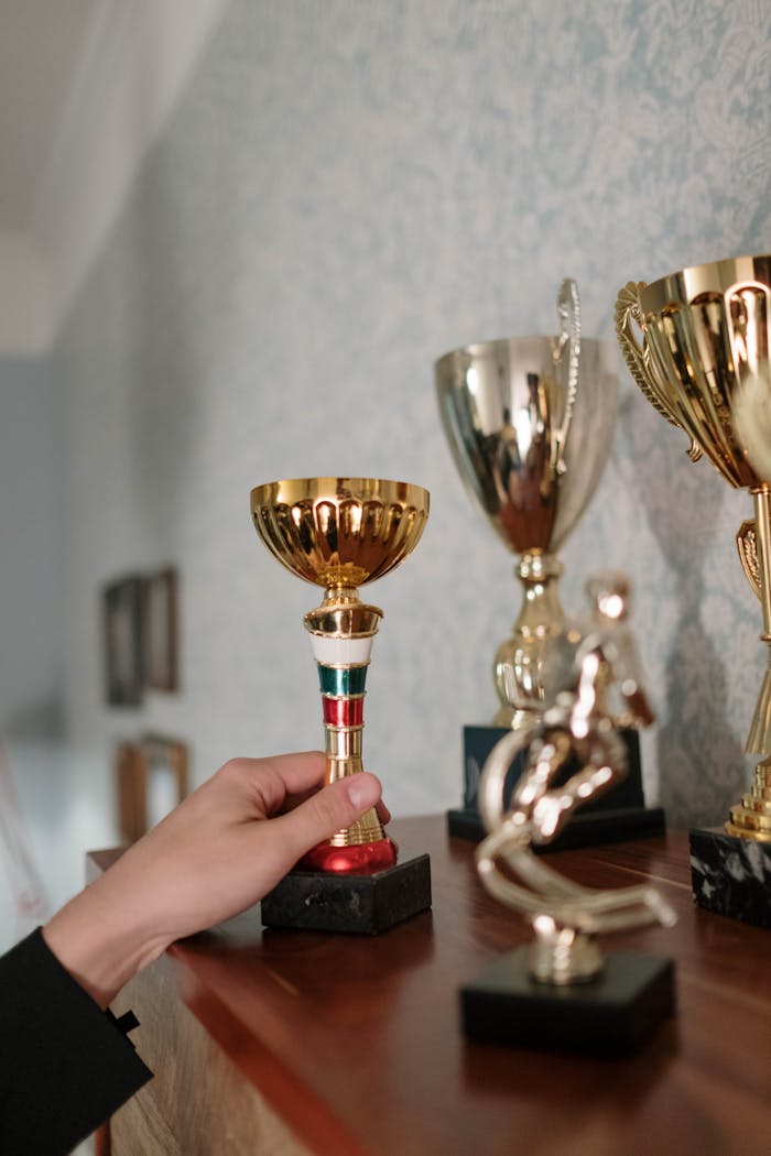 who-we-are Close-up of various trophies on a shelf, with a hand holding one cup.
